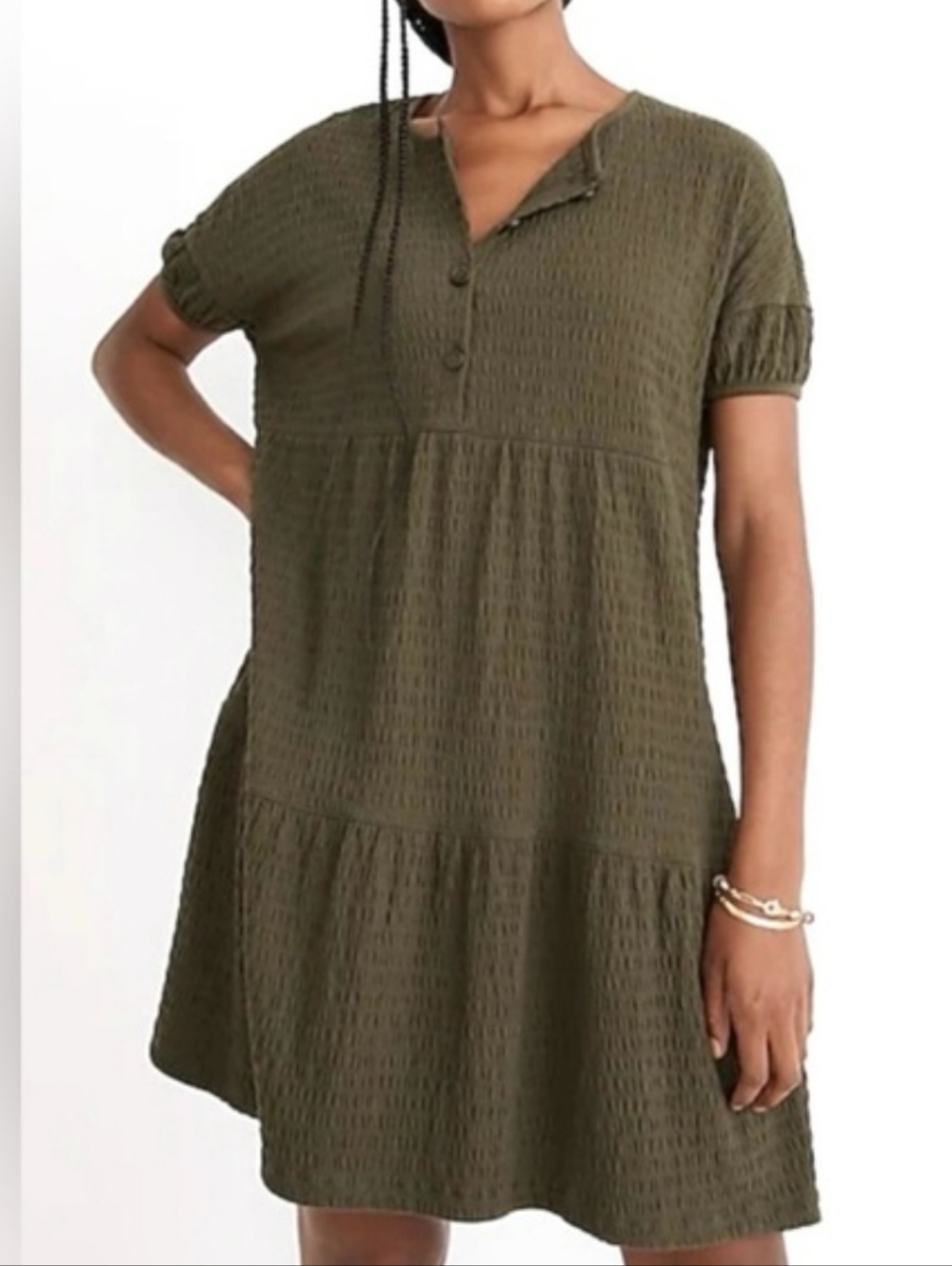 Madewell Olive Crinkle Gauze Tiered Mini Dress | Size Medium | Oversized Fit